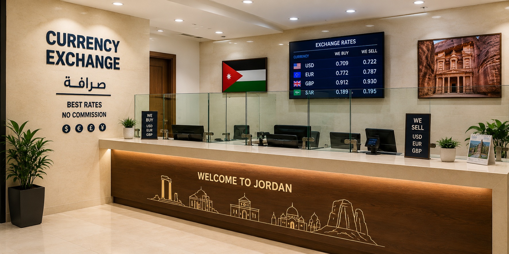 Casa de cambio en Jordania para viajeros que cambian USD, EUR, GBP y otras divisas