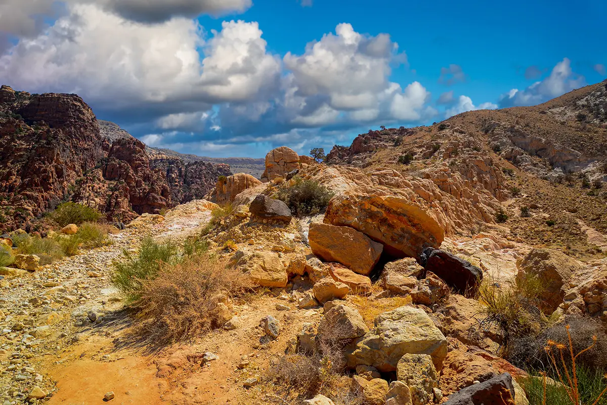 Panoramic mountain and canyon views in Dana Reserve Jordan