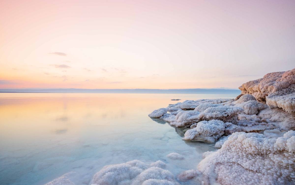 Panoramic view of the Dead Sea and desert mountains in Jordan