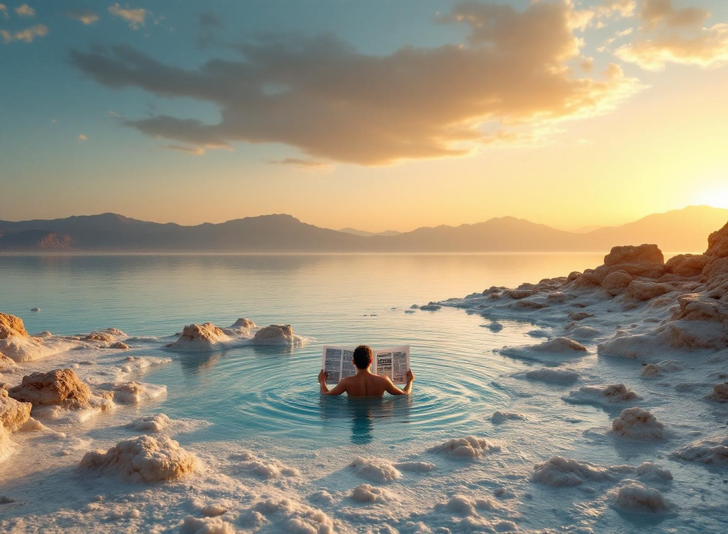 Salt crystals and calm blue waters along the Dead Sea shore