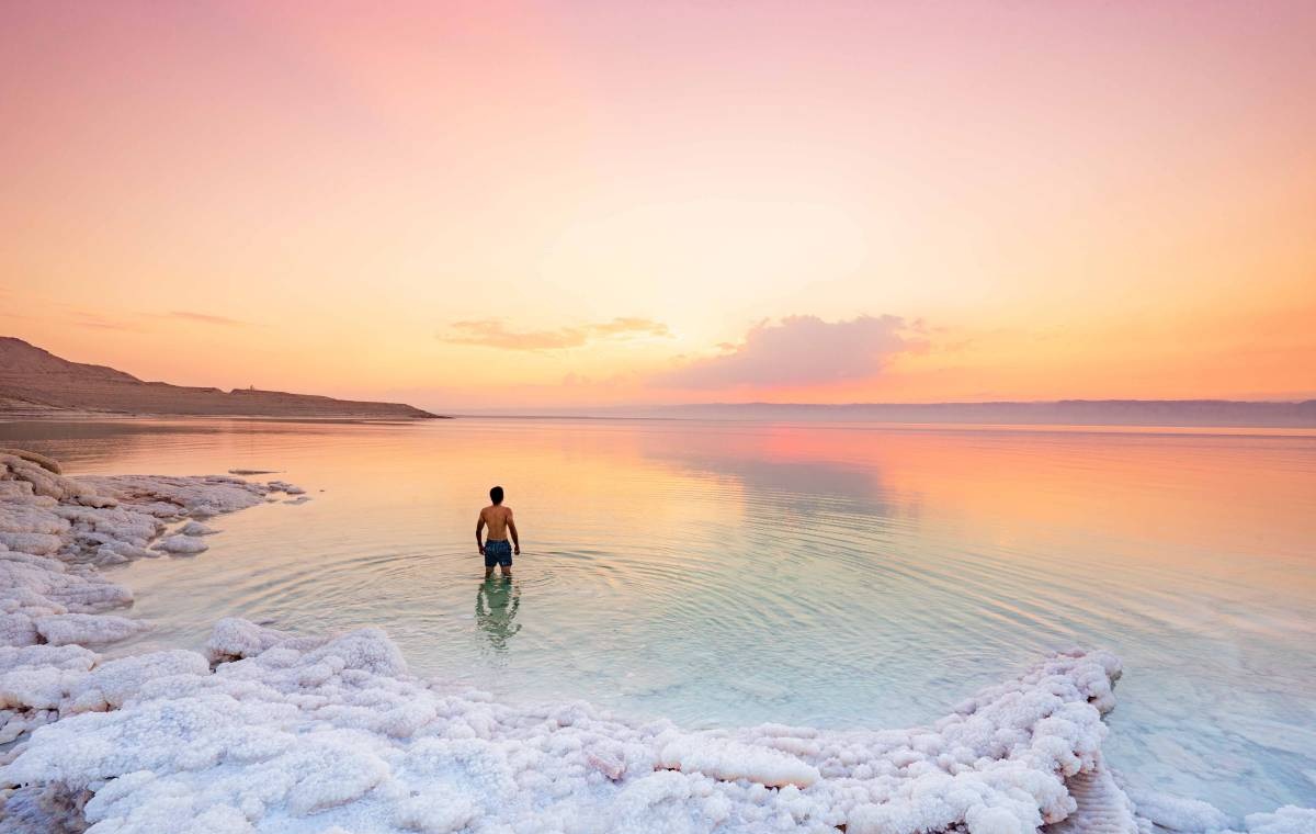 Relaxing travel moment at the lowest point on earth in Jordan
