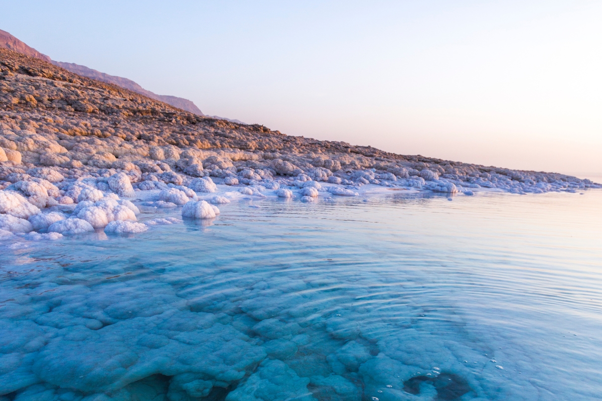 Dead Sea shoreline and salt formations in Jordan