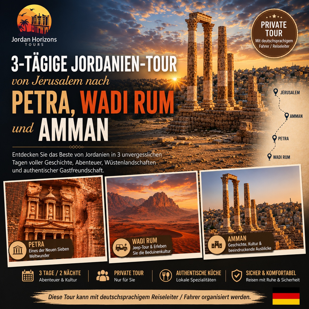 3-tägige Jordanien-Rundreise ab Jerusalem – Amman, Petra & Wadi Rum