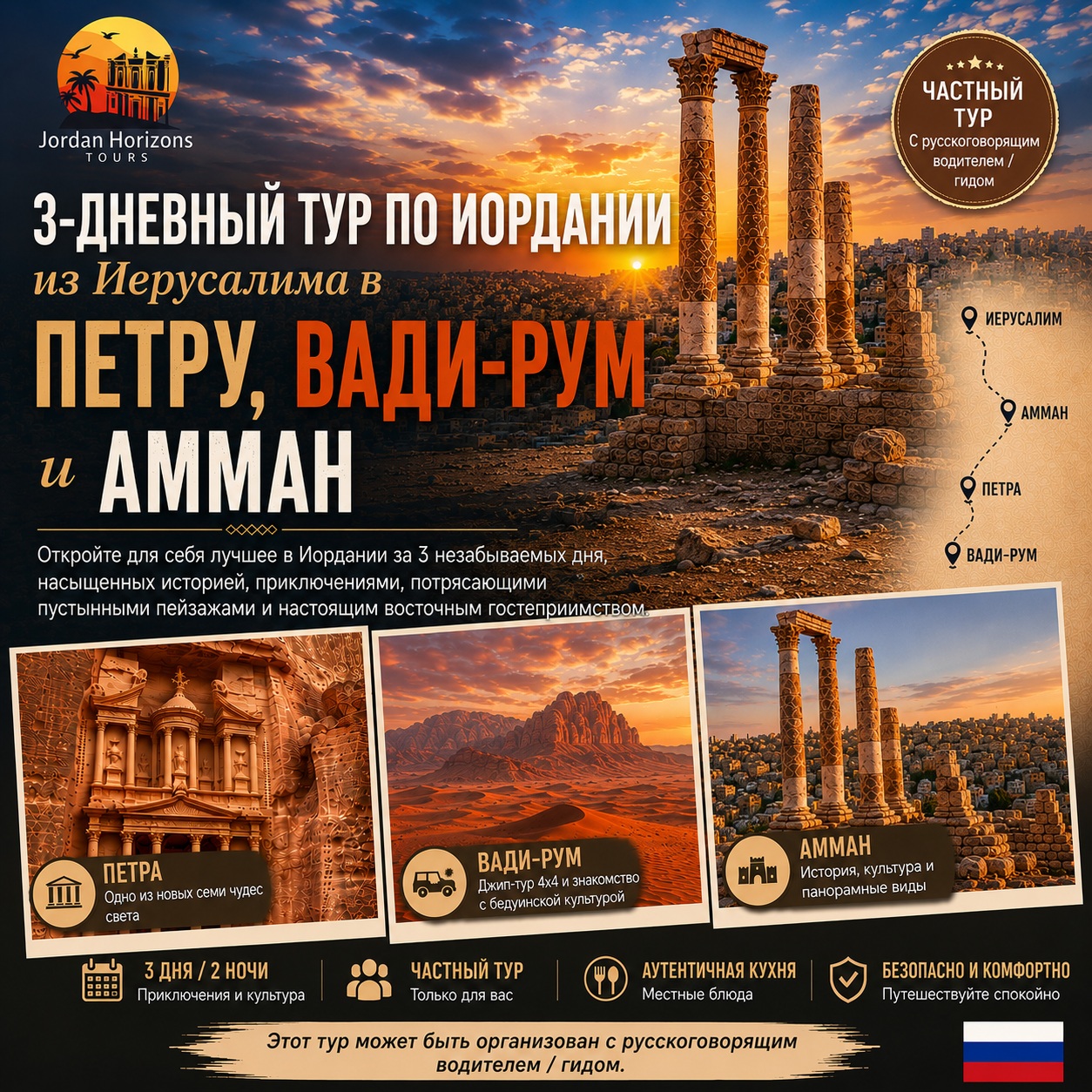 Трехдневный тур по Иордании из Иерусалима – Амман, Петра и Вади-Рам.