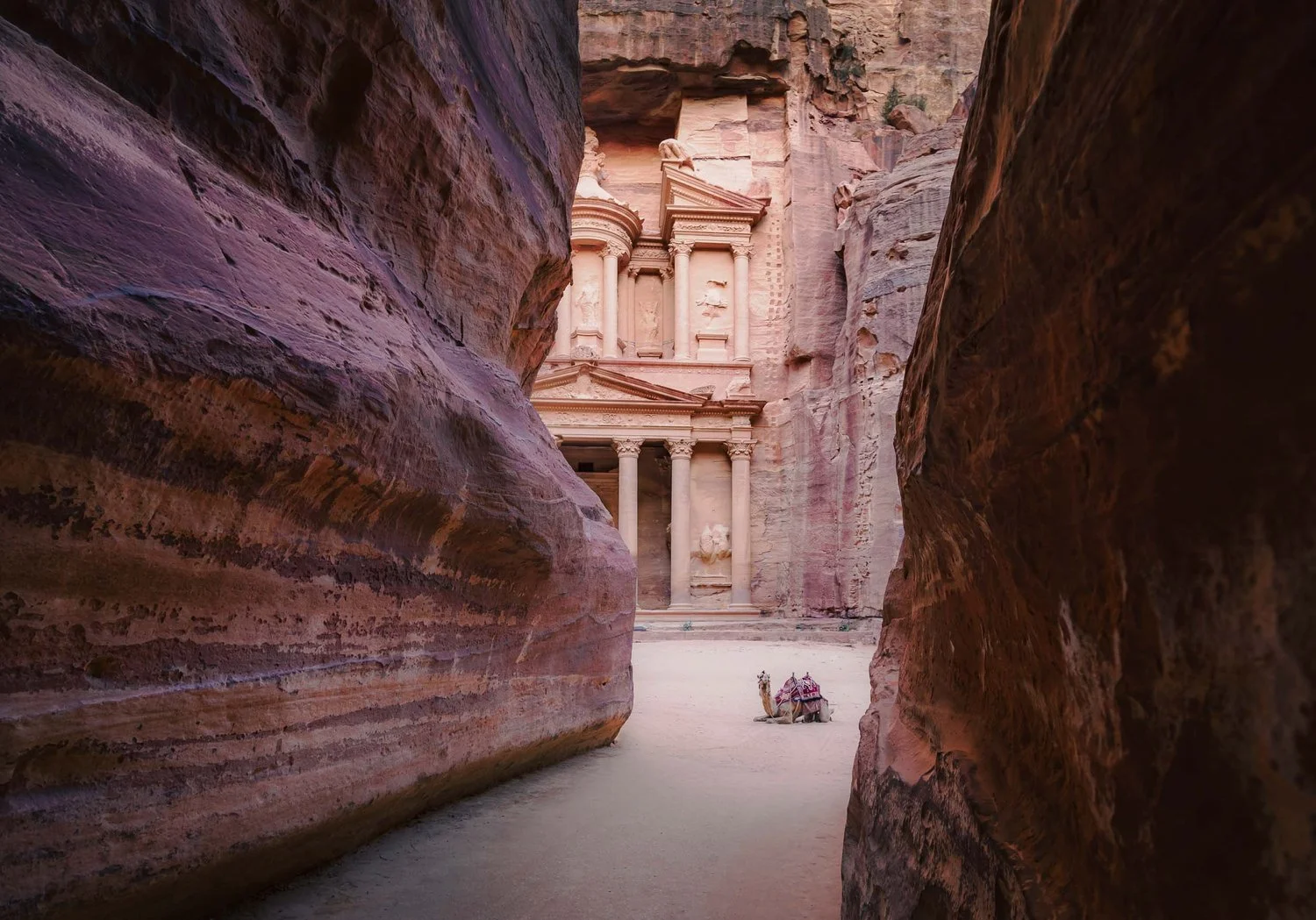 The Treasury Al Khazneh and rose red sandstone cliffs in Petra Jordan