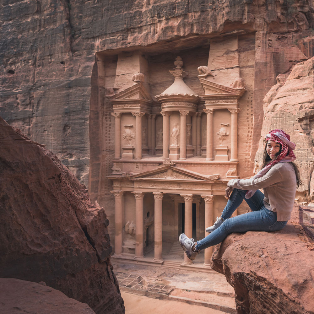 Rose red city of Petra archaeological site in southern Jordan