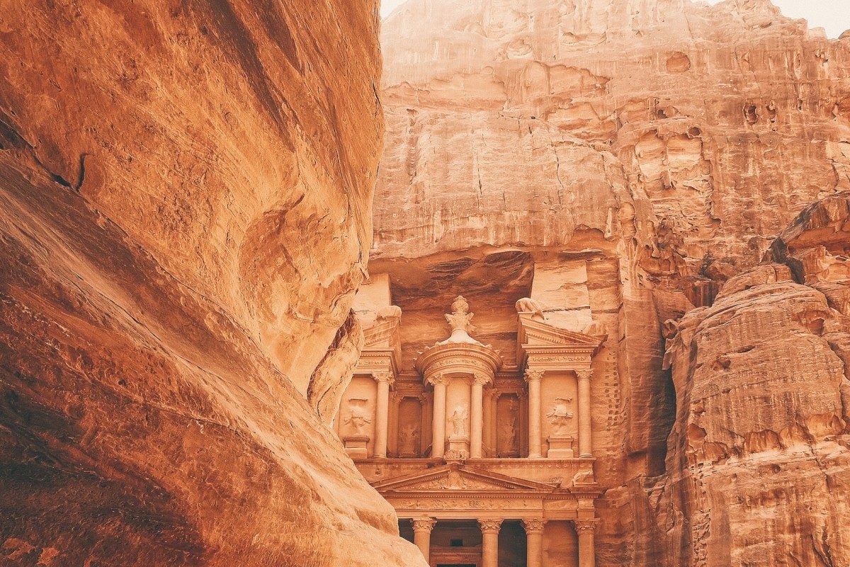 Rose red city of Petra archaeological site in southern Jordan