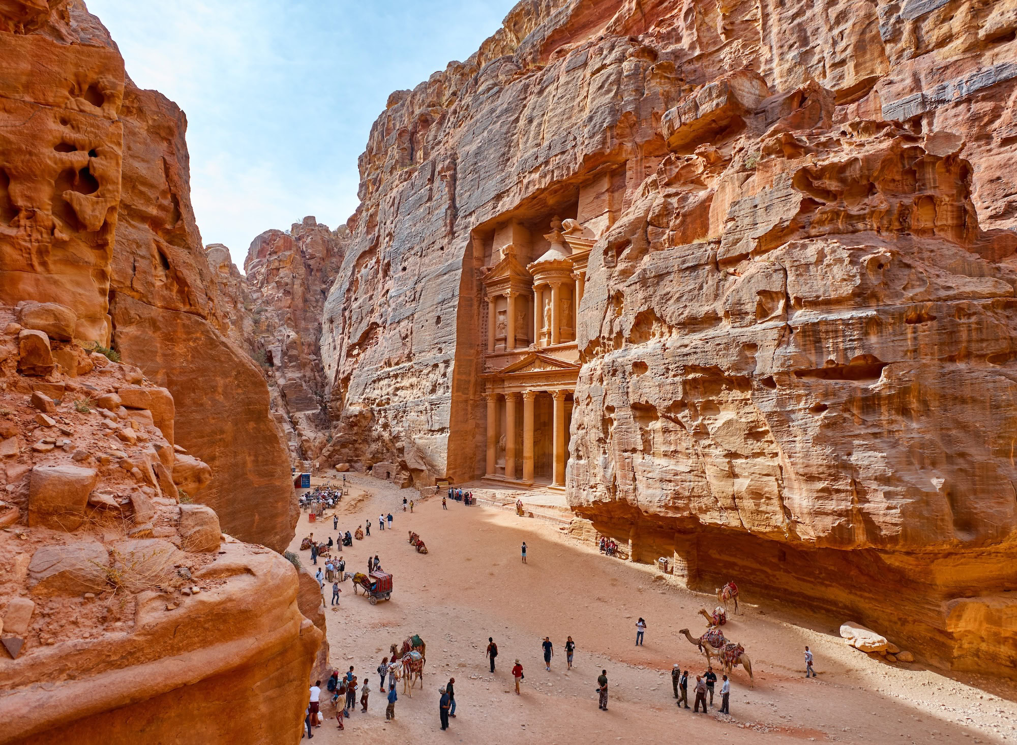 Ancient Nabataean architecture carved into the rock at Petra Jordan