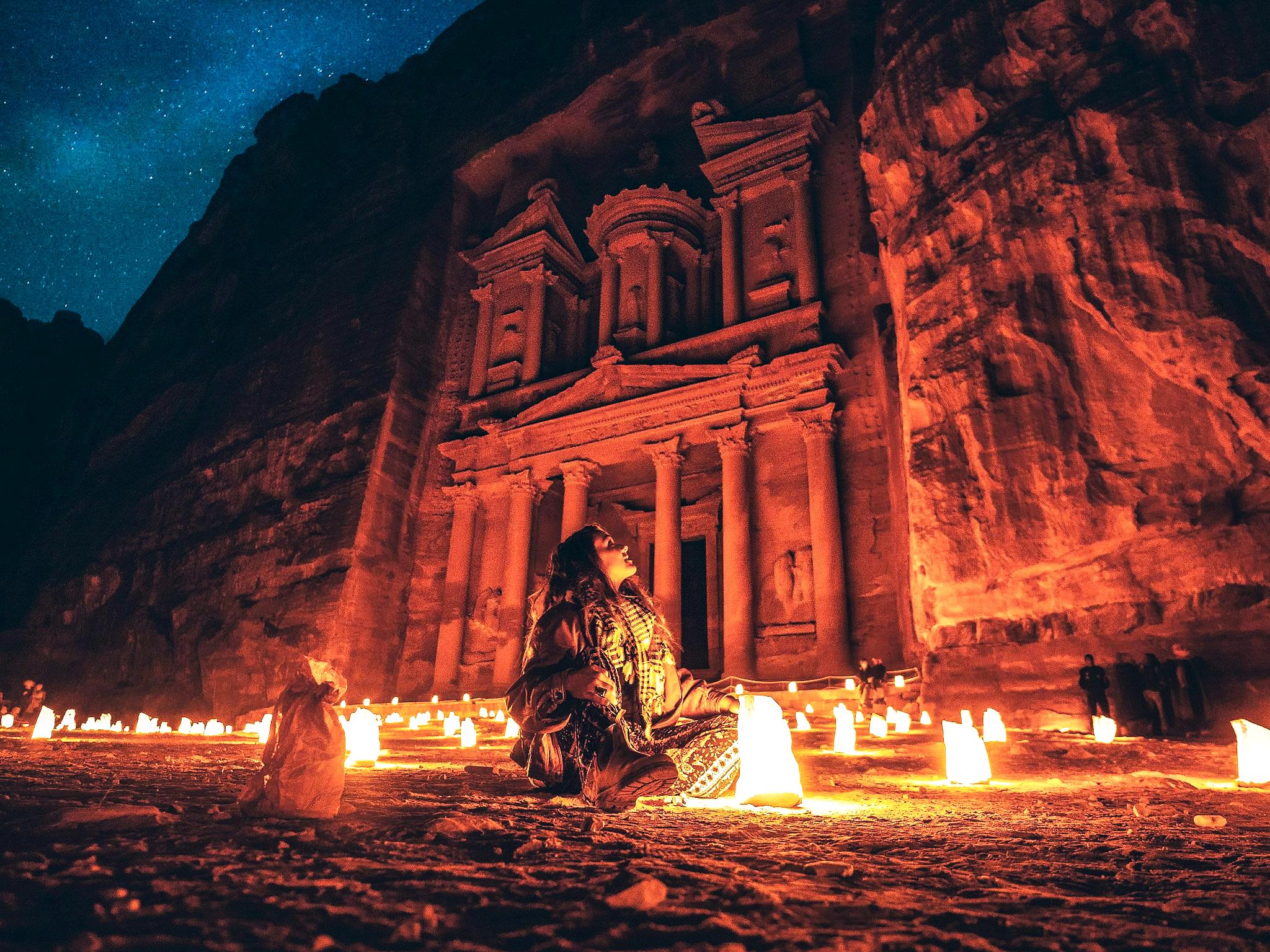 The Treasury Al Khazneh and rose red sandstone cliffs in Petra Jordan