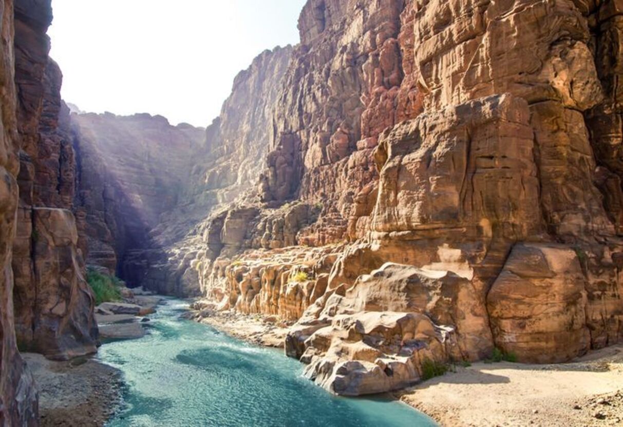 Dramatic sandstone canyon and water route in Wadi Mujib