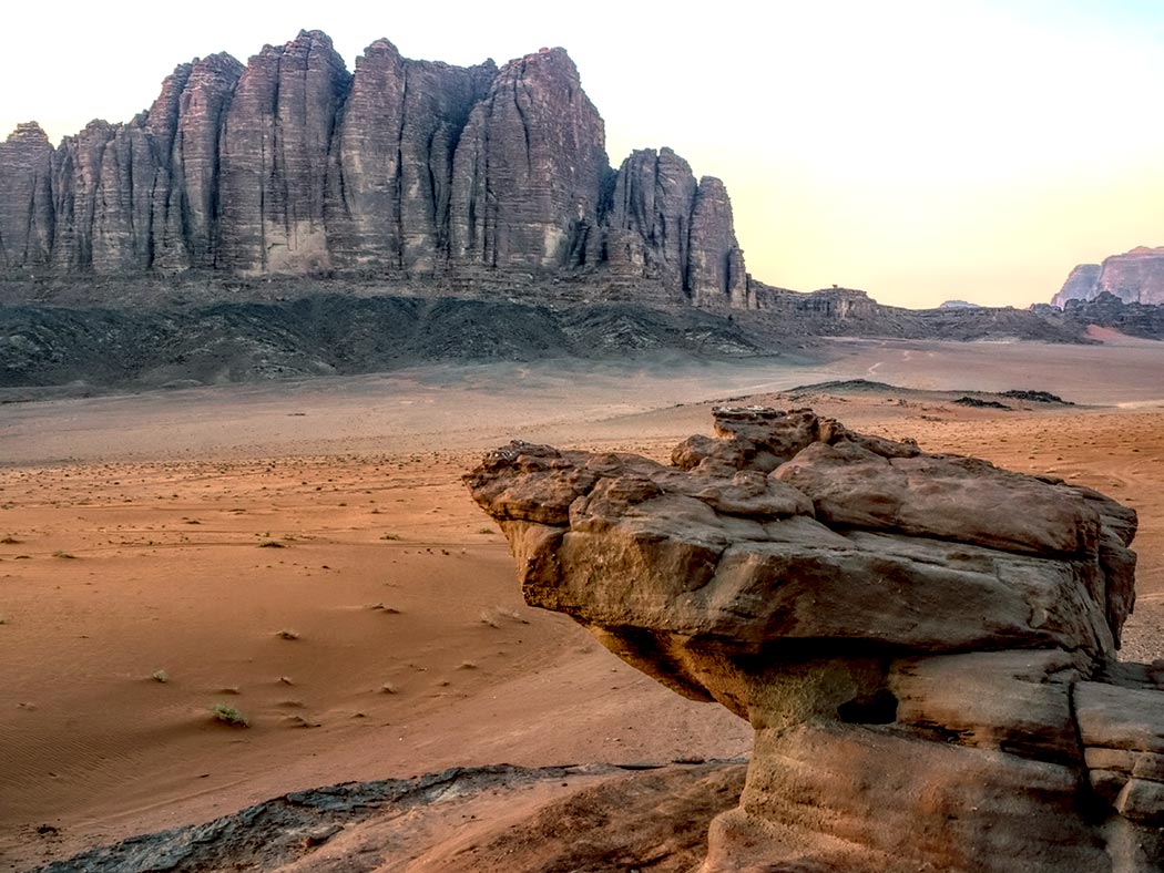 Red desert landscape and sandstone mountains in Wadi Rum Jordan