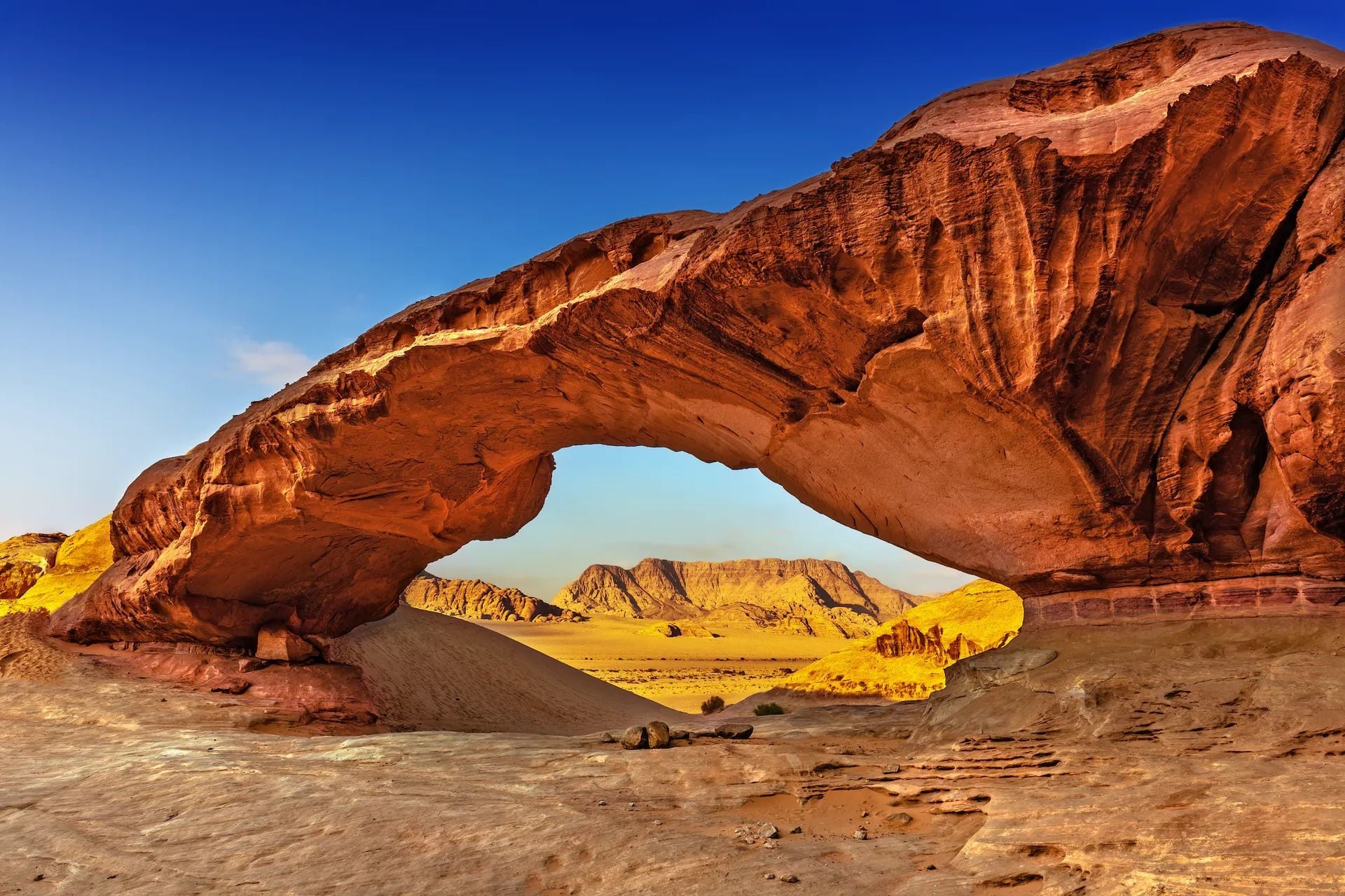 Sunset colors over the desert wilderness of Wadi Rum Jordan
