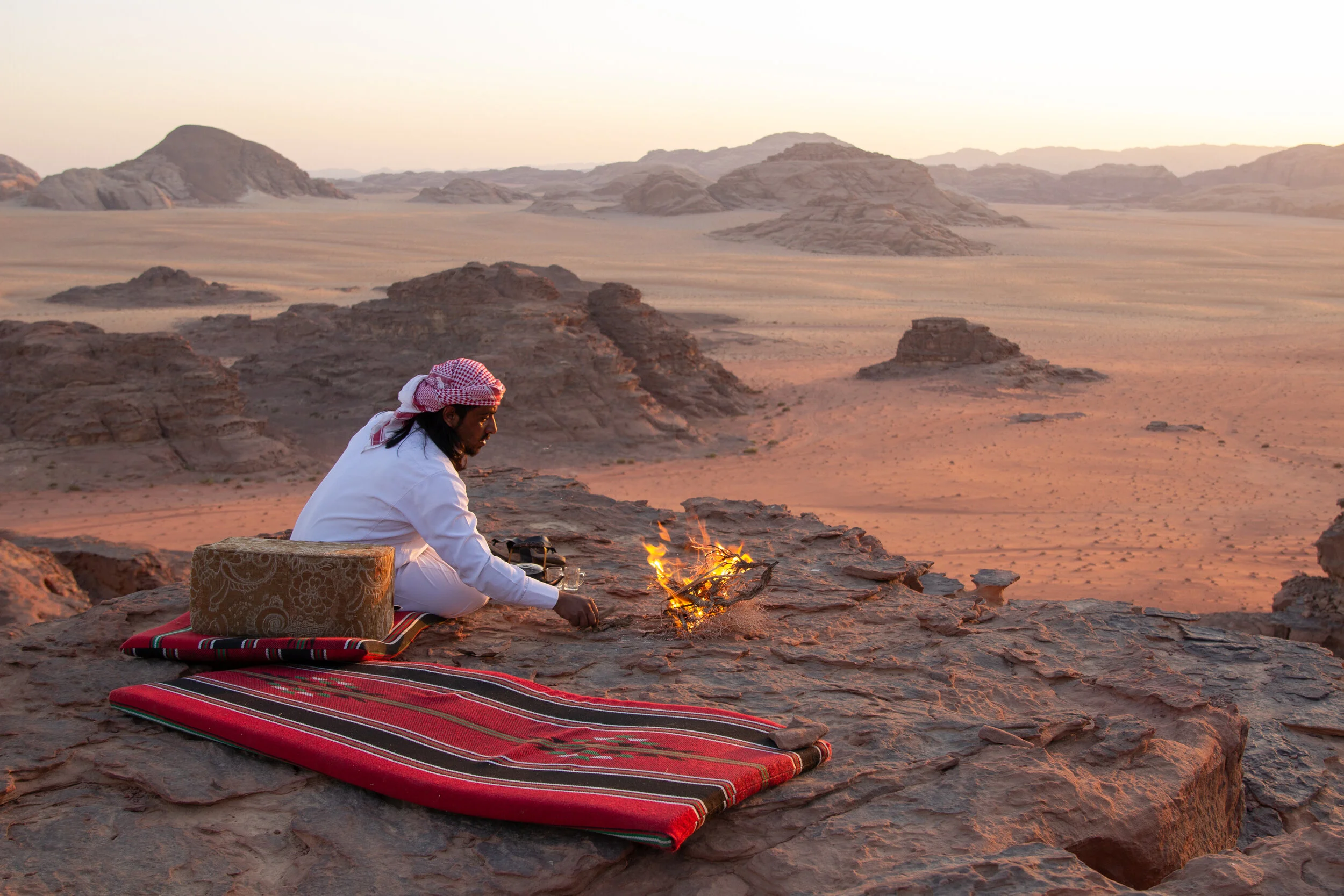 Panoramic desert view of Wadi Rum mountains and red sand