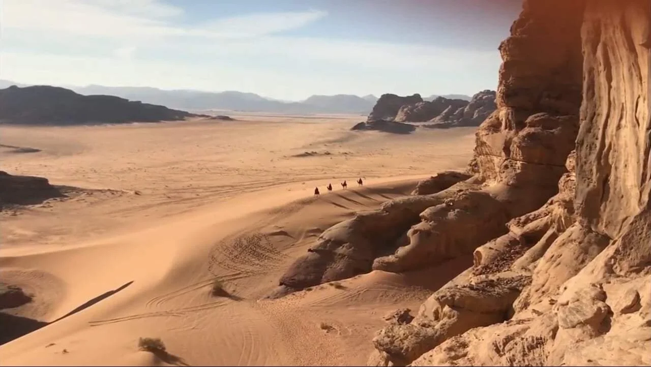 Film production team working on location in Jordan