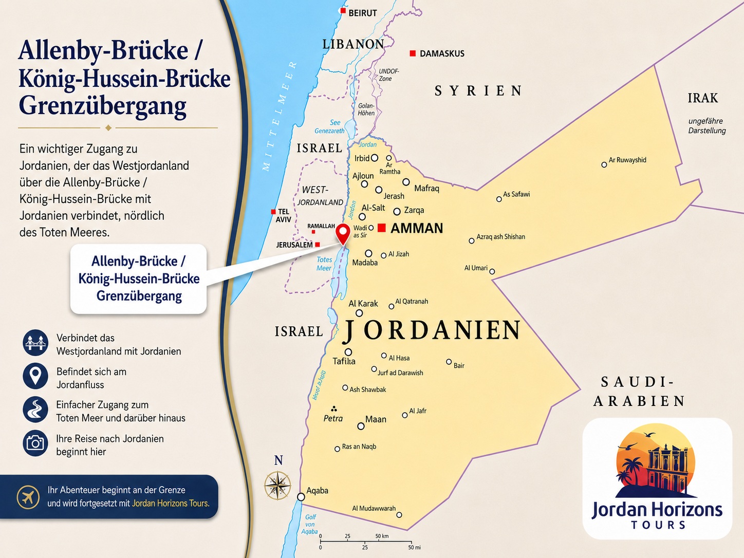 Jordanien-Rundreisen ab der Allenby-Brücke / König-Hussein-Brücke mit Petra, Wadi Rum, Amman und weiteren Highlights