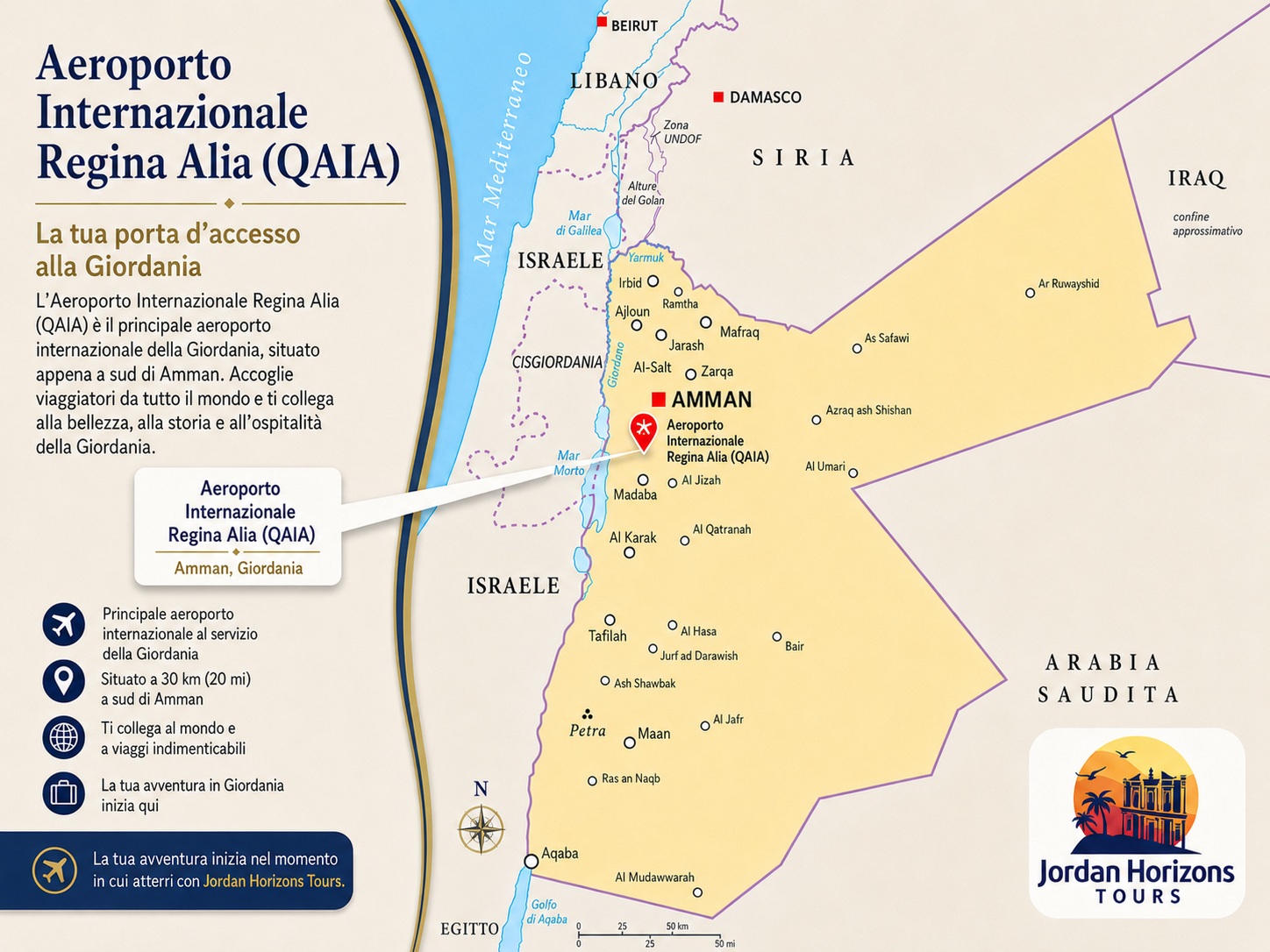 Tour privati in Giordania con partenza dall'Aeroporto Internazionale Queen Alia di Amman