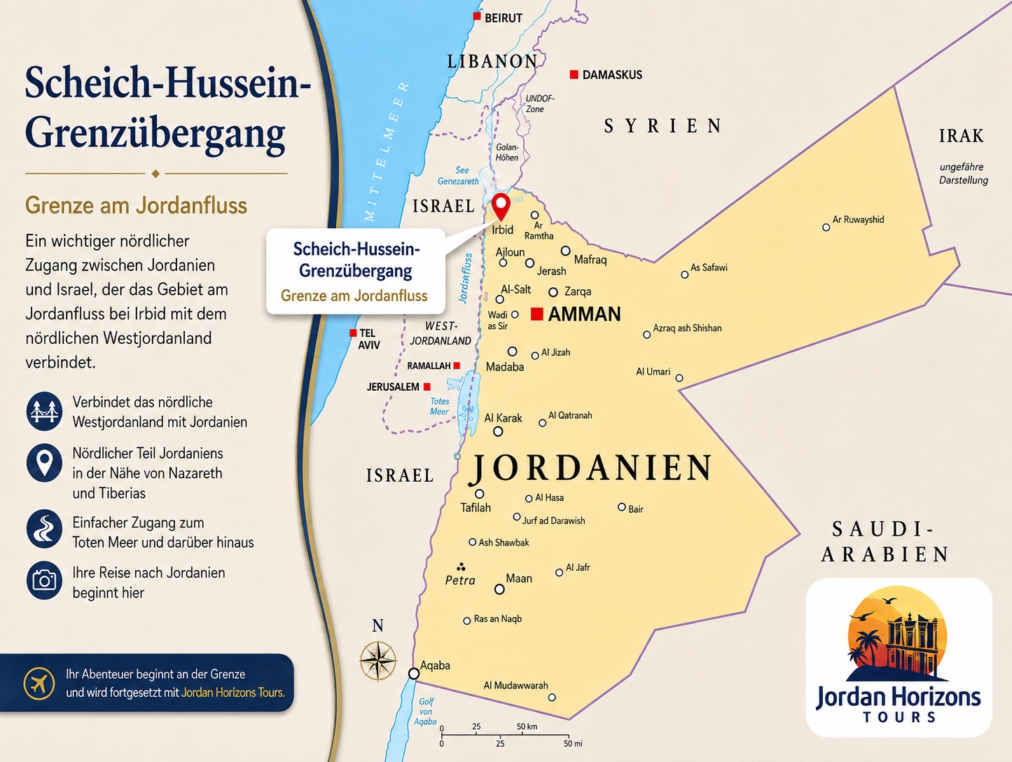 Jordanien-Touren und Reisen ab dem Grenzübergang Sheikh Hussein / Jordan