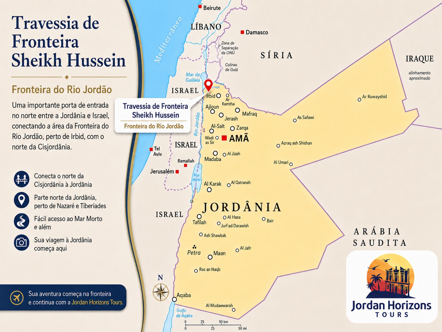 Passeios de De Israel para a Jordânia através da Travessia Sheikh Hussein / Rio Jordão para visitar Petra, Wadi Rum, o Mar Morto, Amã e muito mais.