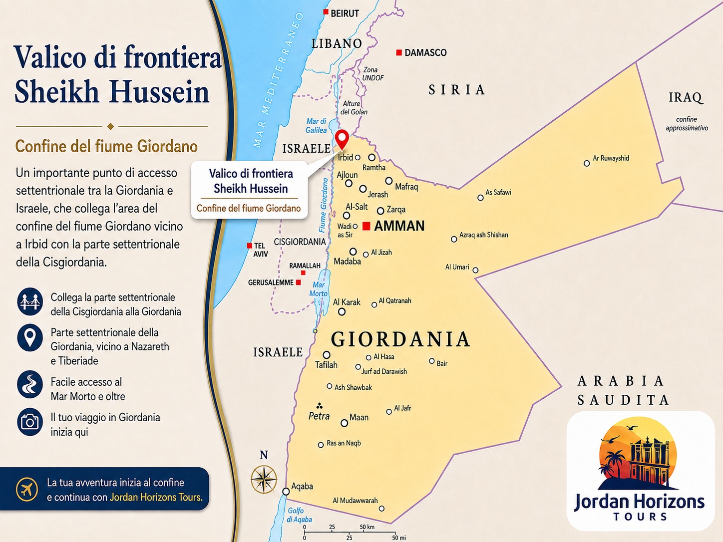 Tour da Israele alla Giordania attraverso il valico Sheikh Hussein / fiume Giordano per visitare Petra, Wadi Rum, il Mar Morto, Amman e altre destinazioni in Giordania.