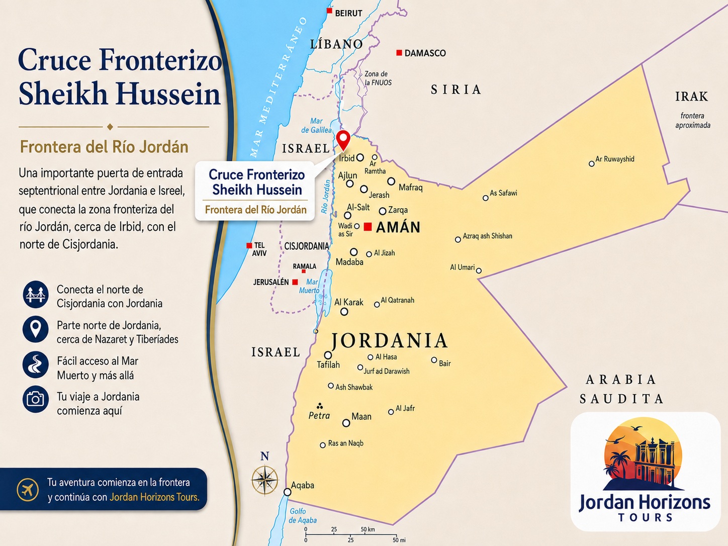 Tours de Israel a Jordania a través del paso fronterizo de Sheikh Hussein / Río Jordán para visitar Petra, Wadi Rum, el Mar Muerto, Amán y mucho más.