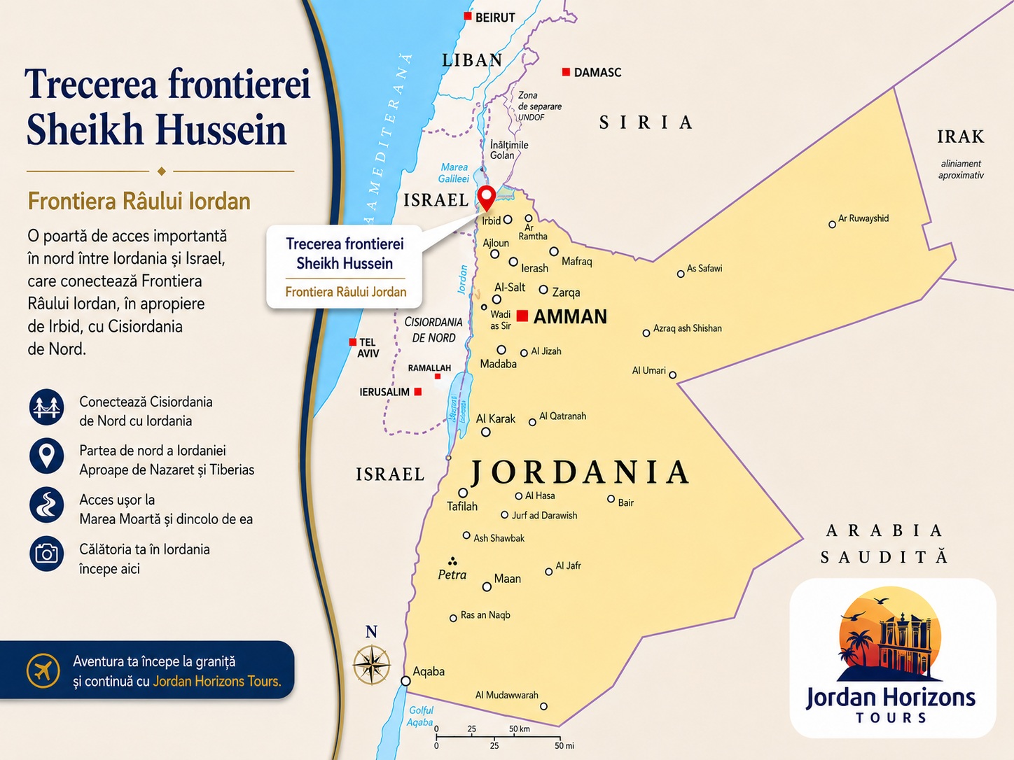 Tururi din Israel în Iordania prin punctul de frontieră Sheikh Hussein / Râul Iordan pentru a vizita Petra, Wadi Rum, Marea Moartă, Amman și multe alte atracții.