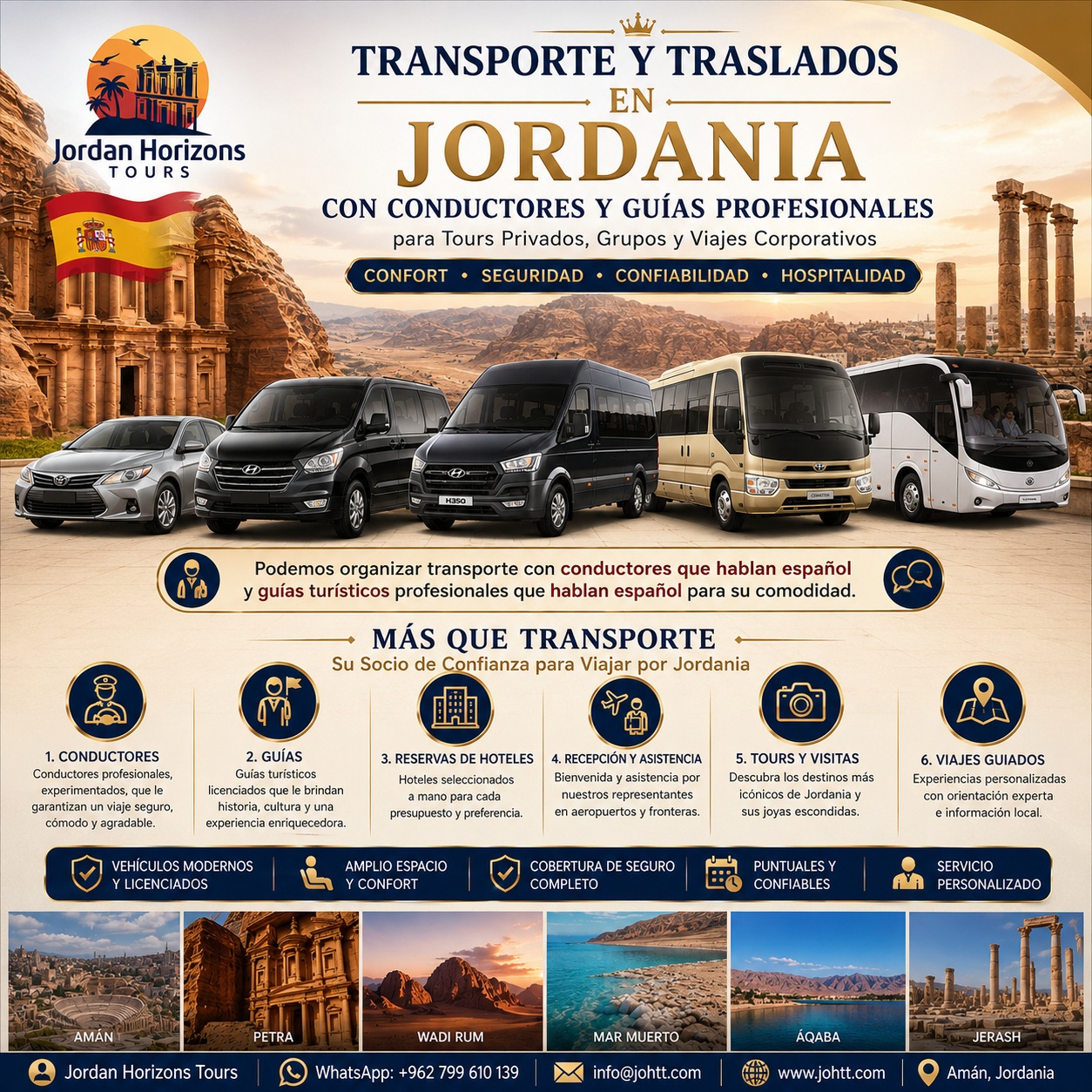 Transporte privado, traslados, conductores y servicios de guía turístico en Jordania ofrecidos por Jordan Horizons Tours.