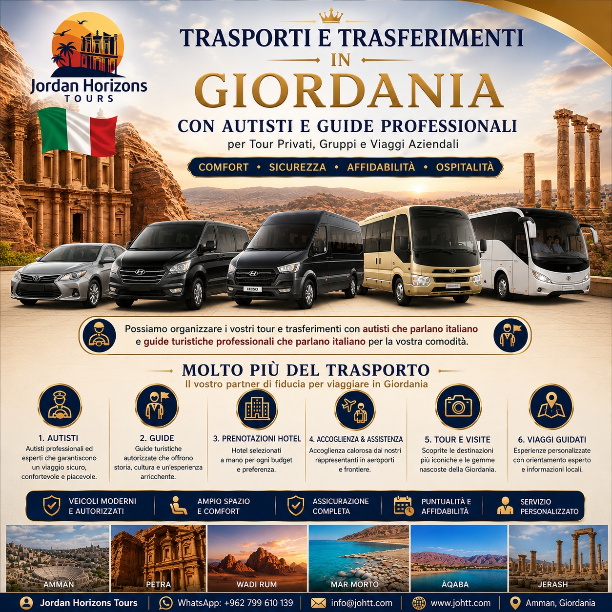 Servizi di trasporto privato, trasferimenti, autisti e guide turistiche in Giordania offerti da Jordan Horizons Tours.
